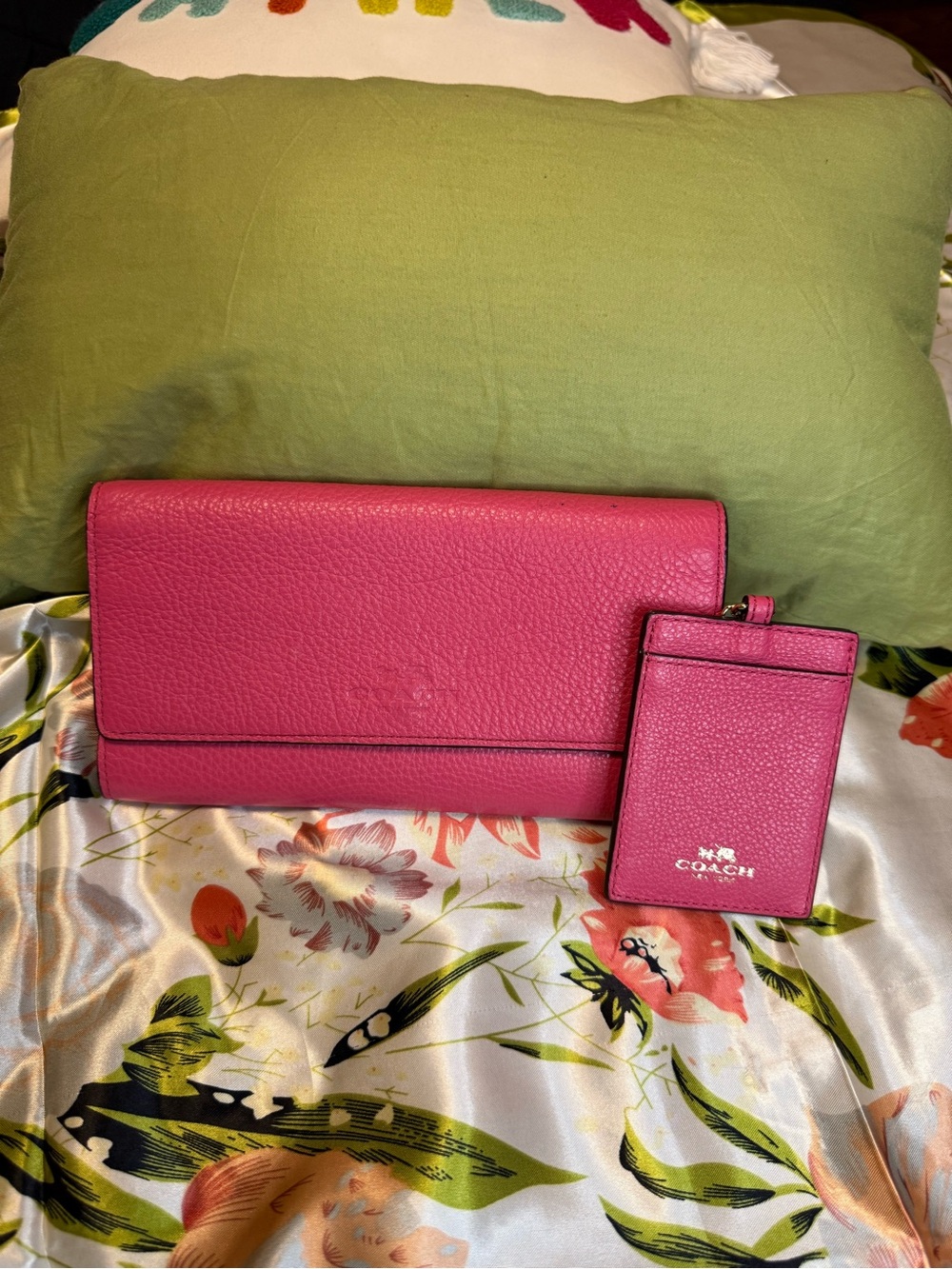 Coach Pink Pebbled Leather Wallet + Matching Card Holder Set